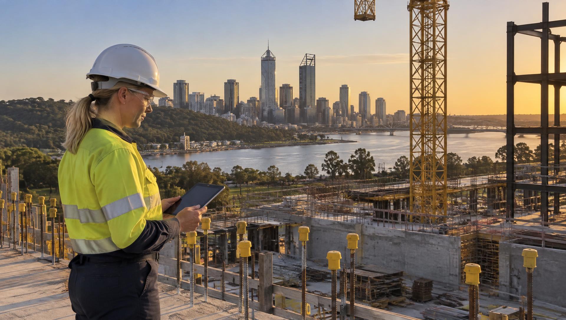 Safety consultant on a Perth worksite with the Swan River and Perth CBD skyline behind